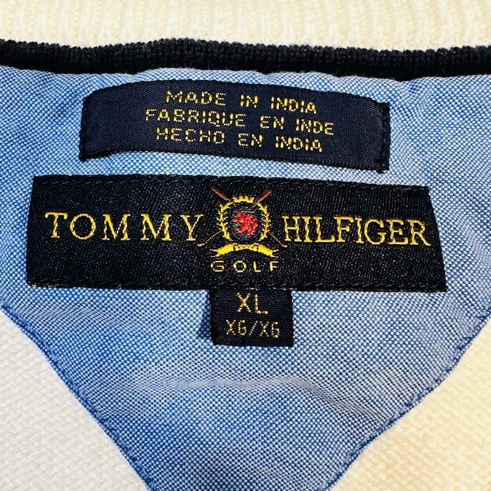 Vintage Tommy Hilfiger Golf Men V Neck Cable Knit Sweater Vest Cream szXL Preppy - Picture 3 of 14